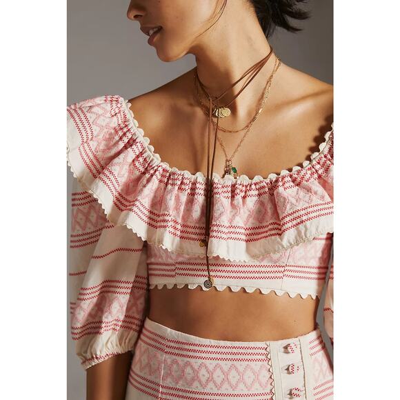 Raissa | Anthropologie NWT Ruffled Embroidered Cropped Blouse Beige Pink Red - Picture 2 of 14